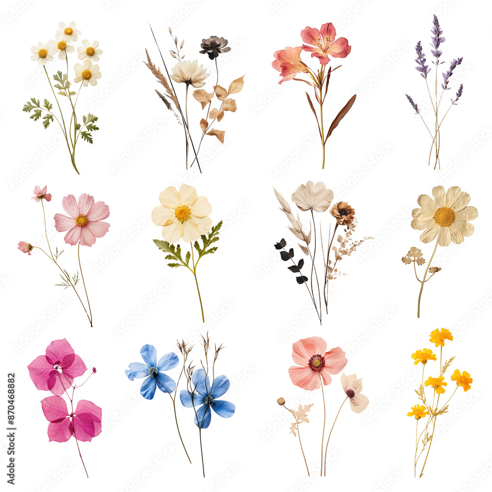 Wall mural png pressed flower element set, transparent background