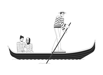 Gondolier rowing gondola with mixed race couple black and white 2D line cartoon characters. Italy travellers isolated vector outline people. Honeymoon tourists monochromatic flat spot illustration © The img