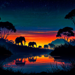 Silhouetted elephants stroll through a vivid dusk jungle, capturing nature's serene beauty.