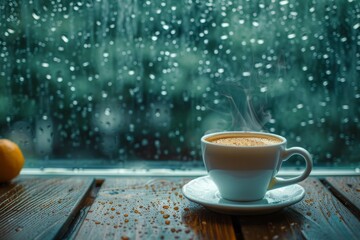 Fototapeta premium Serene Moments: Rainy Window and Steaming Cup of Coffee