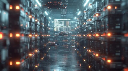 High-Tech Automated Warehouse with Drones and Digital Screens - Generative AI