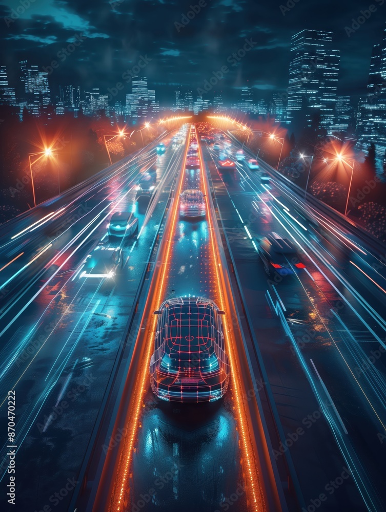 Poster ai-driven autonomous car navigating urban traffic using machine learning for transportation.