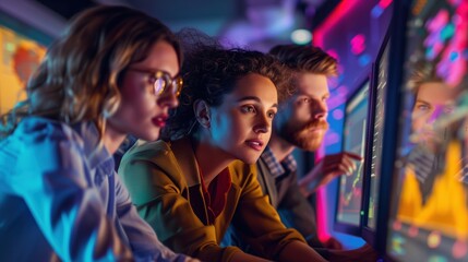 Diverse team collaborates to analyze machine learning performance metrics.