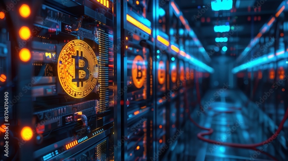 Poster holographic bitcoin mining farm with digital rigs for cryptocurrency and asset creation.