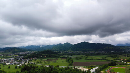 Bled Lake with its surroundings on cloudy spring day, Slovenia