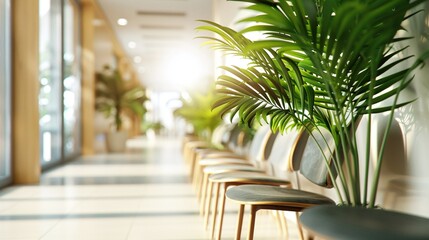 Obraz premium empty waiting room in a clinic or hospital corridor or hallway with green plant
