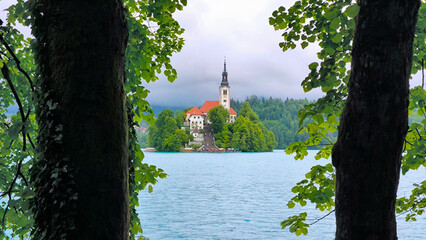 Bled Lake with its surroundings on cloudy spring day, Slovenia