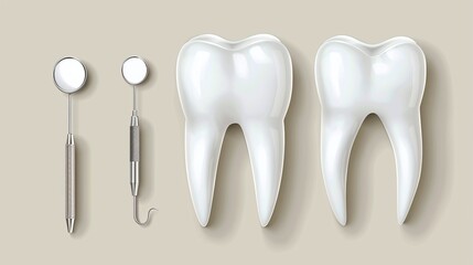 Large, single, healthy white tooth, three smaller teeth which appear to be dental fillings, and four dental instruments: a dental mirror, a dental probe