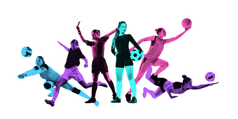 Multicolored monochrome athletes, young girls in motion playing football, volleyball isolated on white background. Concept of sport, active lifestyle, competition, action and motion, tournament