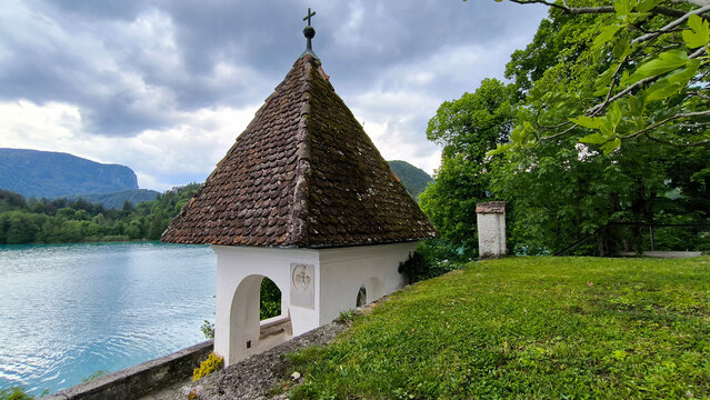 Bled Lake with its surroundings on cloudy spring day, Slovenia