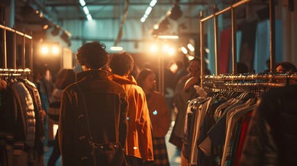 Fototapeta premium A bustling fashion week backstage scene with models getting ready, surrounded by racks of high-end, stylish clothing.