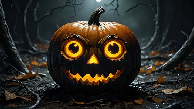 A glowing jack-o'-lantern with an evil grin sits in a dark forest.