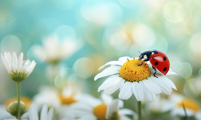 Ladybug on the chamomiles flower, spring background