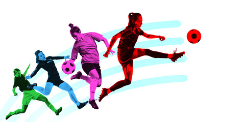 Monochrome athletes, young girls in motion, playing football isolated on white background. Multicolored collage. Concept of sport, active lifestyle, competition, tournament