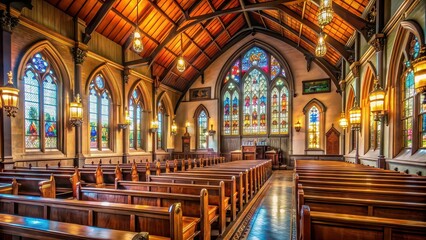Fototapeta premium Interior of a historic church with intricate stained glass windows and wooden pews, church, interior
