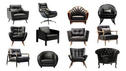Black armchair png element set, transparent background