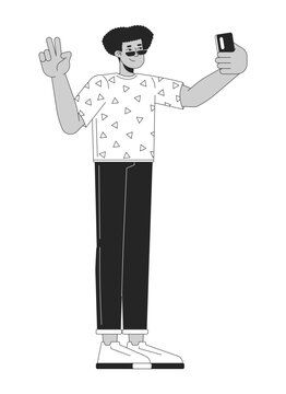 recommend clip art: Hispanic young man posing for selfie black and white 2D line cartoon character. Gen z latin american guy taking selfie on phone isolated vector outline person. Monochromatic flat spot illustration