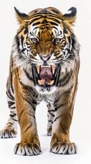 Fototapeta premium Angry tiger roaring, close-up studio shot on white background