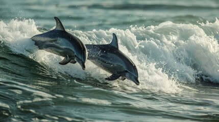 Fototapeta premium Dolphins play in the waves, their playful antics a joyous celebration of life.