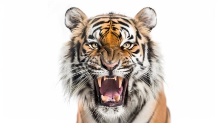 Fototapeta premium Roaring tiger on white background, close-up portrait. Wildlife and predator concept