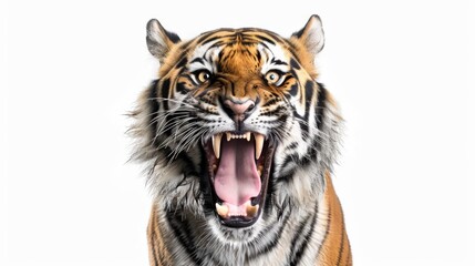 Close-up of a roaring tiger on a white background, studio shot. Wildlife photography and nature concept
