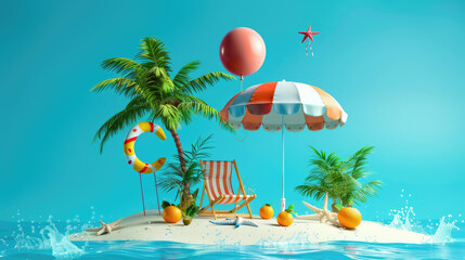 Cartoon illustration about a vacation concept for advertising design or presentation, a tropical island with summer decorations - Generative AI 