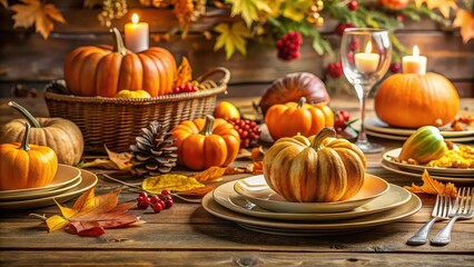 Autumnal harvest table set with pumpkins, plates, and a warm ambiance , pumpkins, autumn, harvest, table decor, plates