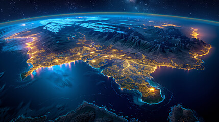A close-up of the Earth's surface, highlighting various Southern Africa countries with city lights glowing at night