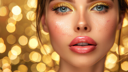 woman with metallic and gold makeup with pink lips