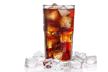 a glass of soda with ice and a few ice cubes