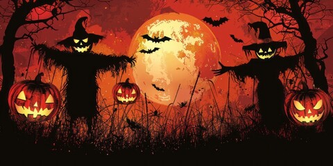 Halloween zombie party poster. Holiday card with scarecrow and zombie hands.