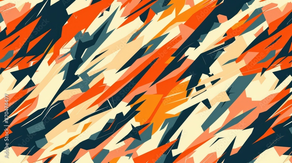 Poster dynamic abstract art pattern featuring interlocking red, black, and white triangles creating a chaot