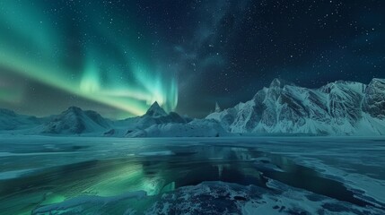Naklejka premium Aurora borealis over snowy mountain range reflecting in frozen lake