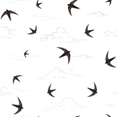 Swift birds flying in the sky. Seamless vector pattern