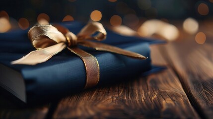Obraz premium Closeup of a graduation cap with a tassel and a diploma tied with a ribbon, set on a wooden table, perfect for illustrating academic achievement and celebration