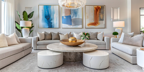 large living room  three paintings wall modern style sofa light gray fabric white stone side tables blue abstract decorative painting walls metallic soft luxury Interior Design Concept