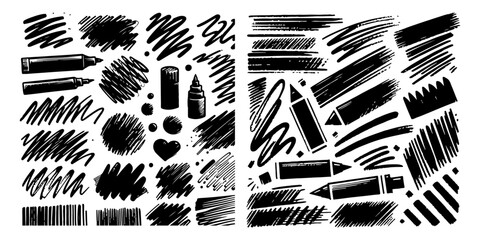 Naklejka premium Bold Charcoal Brushstrokes: Hand-Drawn Grunge Underlines and Scribbles. Rough and Ready: Charcoal Marker Doodles and Freehand Stripes. Crayon or marker doodle scribbles. Vector illustration .
