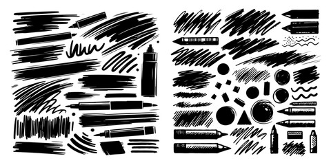 Obraz premium Bold Charcoal Brushstrokes: Hand-Drawn Grunge Underlines and Scribbles. Rough and Ready: Charcoal Marker Doodles and Freehand Stripes. Crayon or marker doodle scribbles. Vector illustration .
