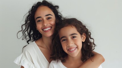 Mom and daughter standing on a white background