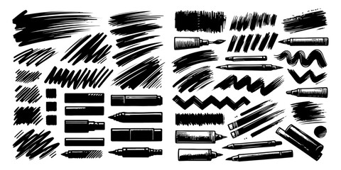 Naklejka premium Bold Charcoal Brushstrokes: Hand-Drawn Grunge Underlines and Scribbles. Rough and Ready: Charcoal Marker Doodles and Freehand Stripes. Crayon or marker doodle scribbles. Vector illustration .
