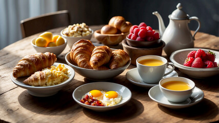 elegant breakfast spread laid out on a rustic wooden table. Include a variety of foods such as freshly baked croissants