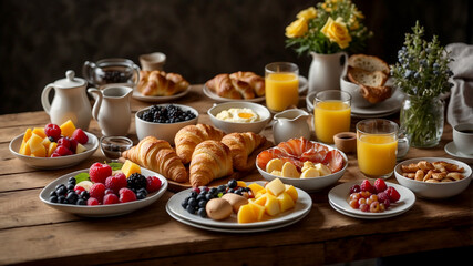 elegant breakfast spread laid out on a rustic wooden table. Include a variety of foods such as freshly baked croissants