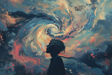 Obraz premium Silhouette of a Person Against a Cosmic Swirl
