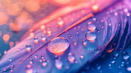 Beautiful transparent drops of rain water on a feather on a blue and violet background, macro, copy...