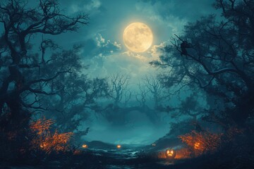 a spooky Halloween background for a banner, featuring a dark, eerie night with a full moon casting an ominous glow. Include haunted houses, creepy trees with twisted branches, and flying bats.