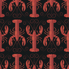 Red lobsters isolated on dark background. Vector seamless pattern