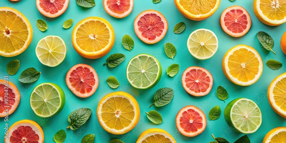 Poster Colorful pattern of citrus slices and mint leaves on a turquoise background, citrus, slices, mint leaves, colorful, pattern