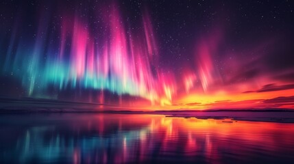 Northern lights over calm sea with vibrant colors, night sky full of stars. Nature scenery and astronomy concept