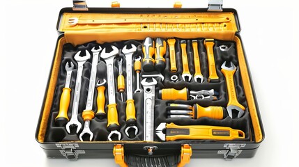 "A set of tools in a toolbox isolated on a white background."


