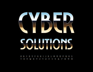 Vector modern sign Cyber Solutions. Stylish Silver Font. Exclusive Iron Alphabet Letters and Numbers set
